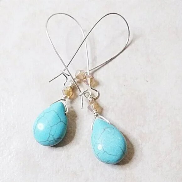 Handmade! Aqua Howlite & Crystal Dangle Earrings • Boho Beachy Spring Vibes - Picture 5 of 8